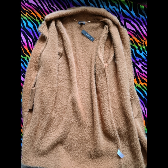 🤎 The Limited Womens Faux Fur Long Cardigan Petite Medium PM Tan Beige - Picture 9 of 14